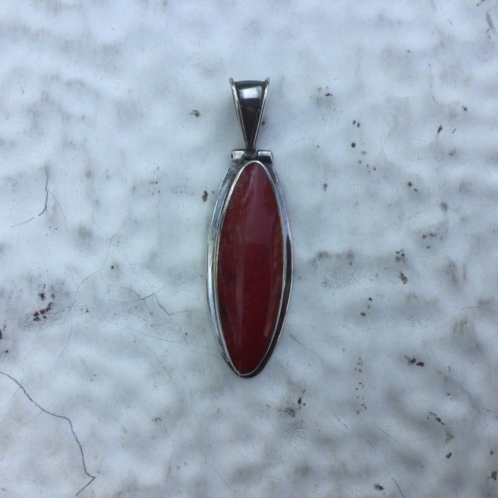 Large Mexican Sterling & Red Jasper Vintage Necklace Pendant